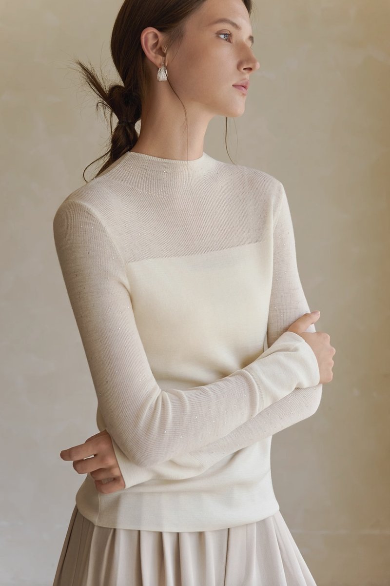 法式復古 / 微透半高領針織上衣 / 精紡羊毛 - 女裝毛衣/針織衫 - 其他材質 多色