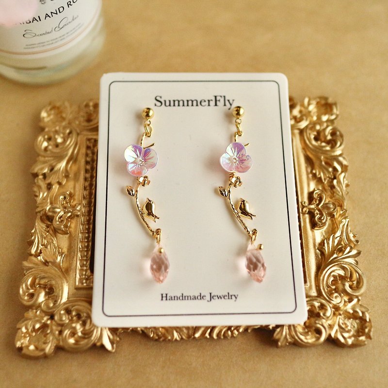 18k gold retro retro baroque European style pink crystal pearl flower bird drooping earrings - ต่างหู - โลหะ สึชมพู