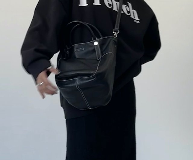 Black Fugard Bucket Unshaped Soft Soft Leather Bucket Bag Embroidered  Thread Design Shoulder Bag - Shop DirtySix Messenger Bags & Sling Bags -  Pinkoi