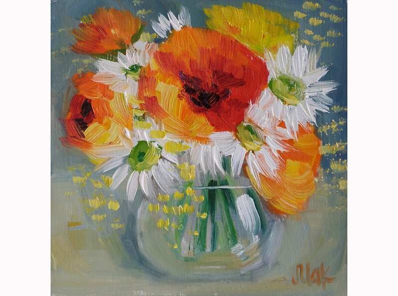 Flowers Bouquet Oil Painting Poppy in Vase Original Wall Art Daisy Artwork - Wall Décor - Other Materials Orange