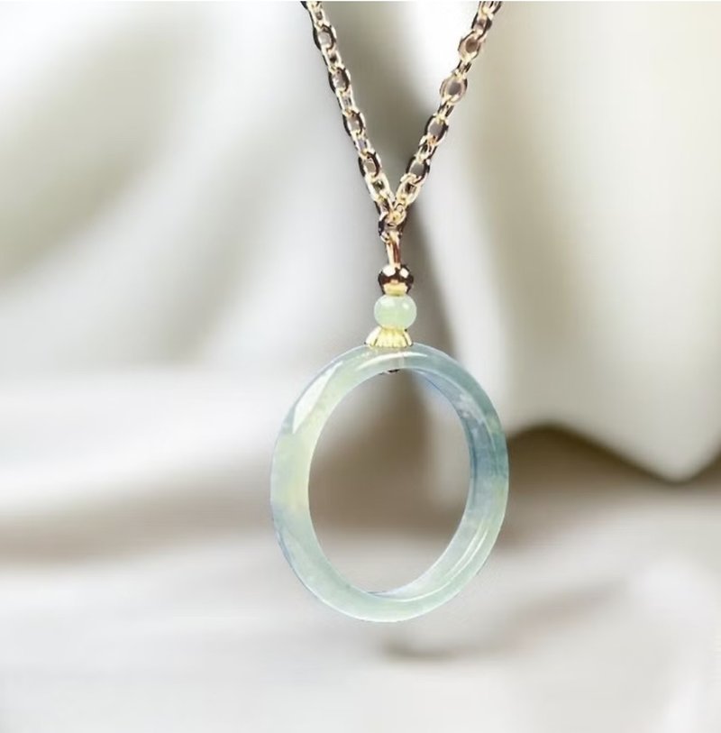 Ice blue water jade safety ring clavicle chain 14K gold-filled | natural grade A jadeite | gift - Collar Necklaces - Jade Green