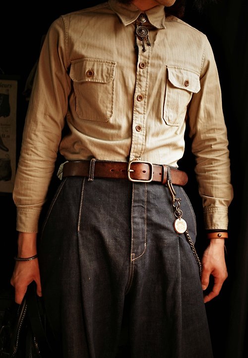 舊嘢販革 OLD SELING LEATHER 植鞣牛皮 工裝牛仔褲真皮針扣男士腰帶/皮帶 手工製