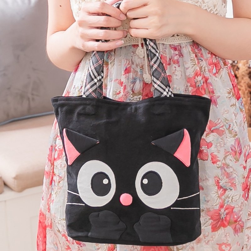 Little Black Cat three-layer outing bag storage handbag/small square bag [810043] - Handbags & Totes - Cotton & Hemp Black