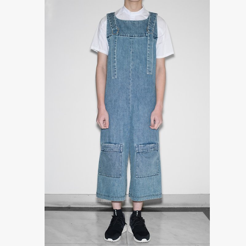 TRAN - side pocket pants loose suspenders - จัมพ์สูท - ผ้าฝ้าย/ผ้าลินิน สีน้ำเงิน