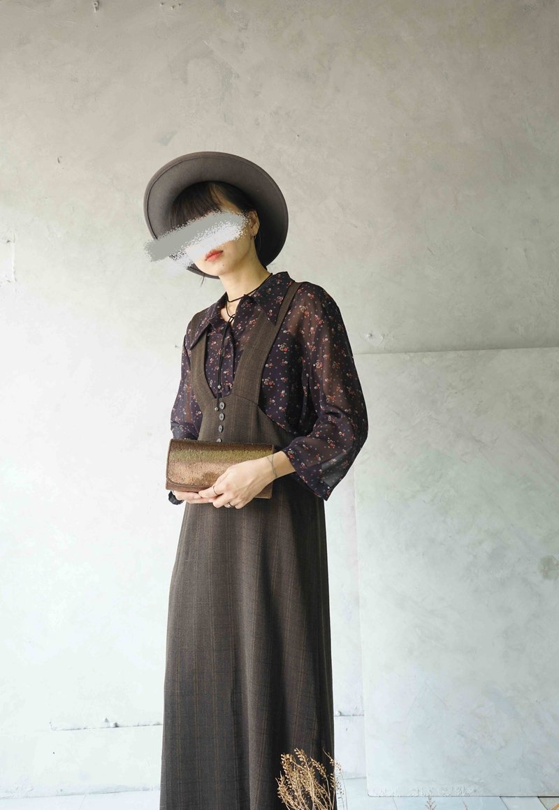 尋寶古著-深棕色質感西裝料後開衩連身裙 - 洋裝/連身裙 - 聚酯纖維 咖啡色