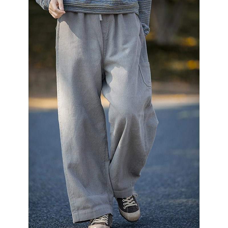 Warm gray woven cotton elastic waist loose straight casual trousers - กางเกงขายาว - ผ้าฝ้าย/ผ้าลินิน 
