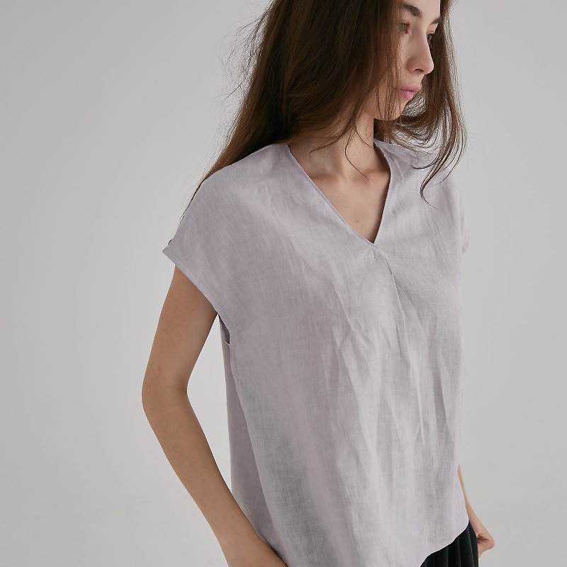 V-neck off-shoulder top-slate gray - Women's Tops - Cotton & Hemp Gray