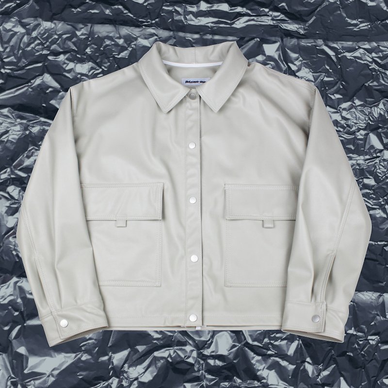Synthetic leather jacket-light apricot gray - เสื้อแจ็คเก็ต - หนังเทียม สีเทา
