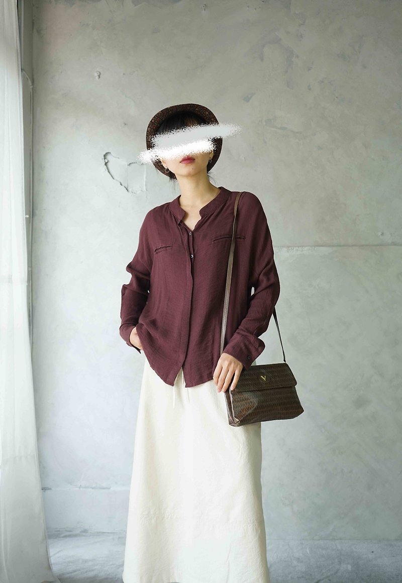 Treasure Hunt Vintage-Burgundy Stand Collar Sleeve Casual Shirt - Women's Shirts - Polyester Red