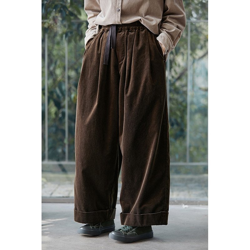 Coffee green cotton loose casual warm slim velvet straight pants - กางเกงขายาว - ผ้าฝ้าย/ผ้าลินิน 