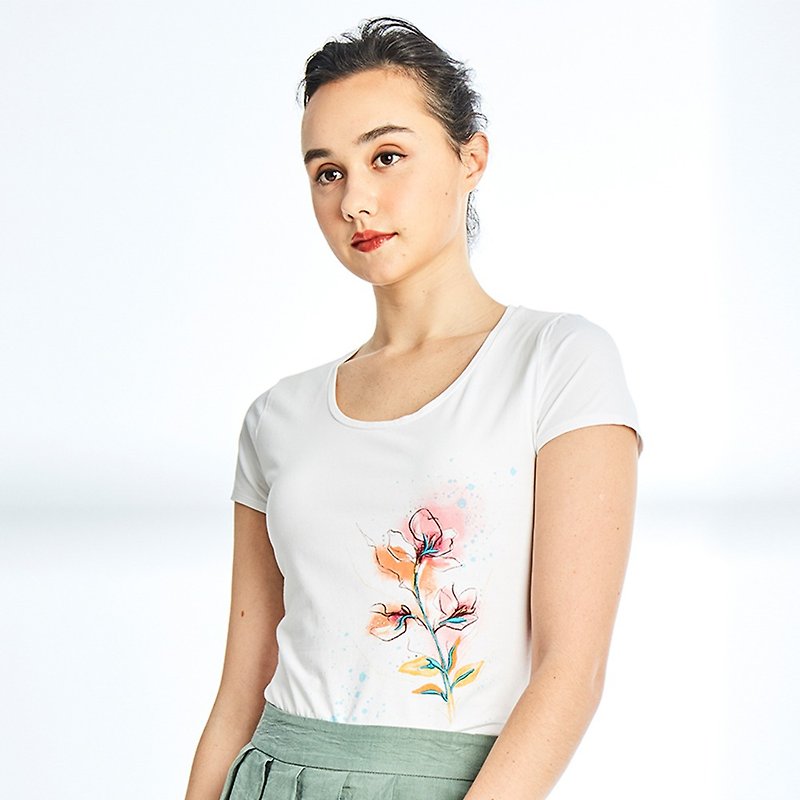 Splattered floral T-shirt - เสื้อยืดผู้หญิง - ผ้าฝ้าย/ผ้าลินิน ขาว