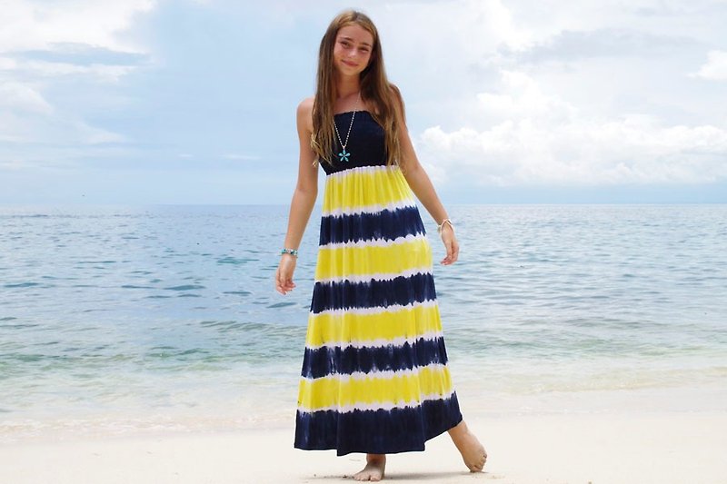 New! Tie Dye Strapless Resort dress <lemon navy> - ชุดเดรส - วัสดุอื่นๆ สีเหลือง