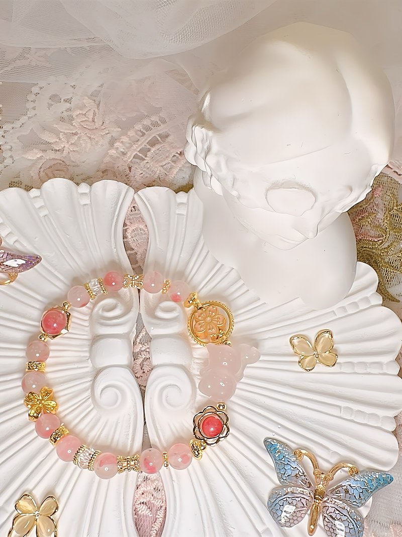 櫻花雨薔薇輝 白水晶 紅紋石 14k 18k 沙金花隔珠 單圈 小熊款 - 手鍊/手環 - 水晶 粉紅色