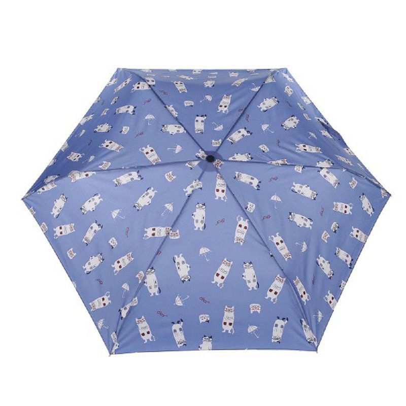 Kusuguru Japan Japanese glasses cat NEKOZAWA sunny and rainy dual-use umbrella anti-UV folding umbrella blue - Umbrellas & Rain Gear - Other Man-Made Fibers Blue