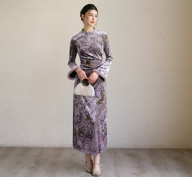 [Mink Fur] New Chinese Retro Style, Slim-Fit Velvet Modified Qipao - กี่เพ้า - วัสดุอื่นๆ สีม่วง