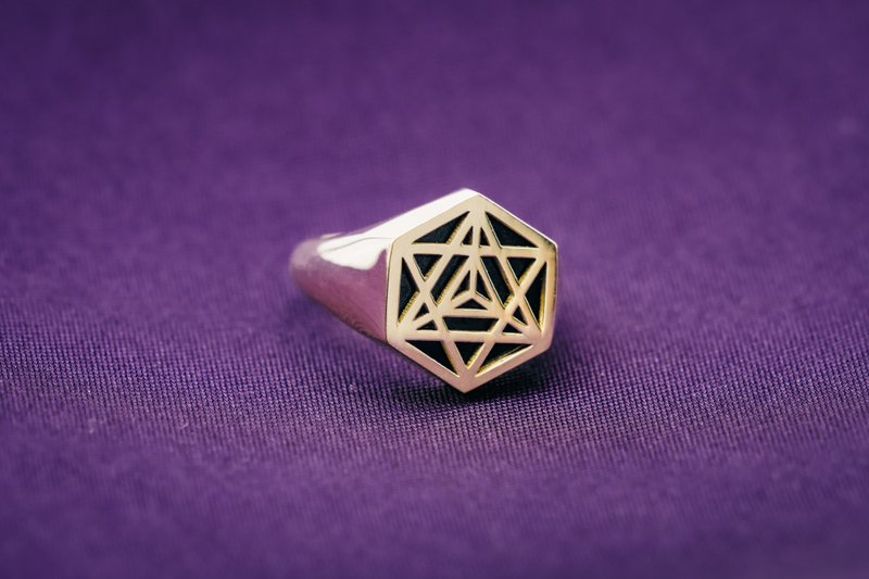 Merkabah signet ring sacred geometry with black onyx 18k gold - แหวนทั่วไป - เครื่องประดับ สีทอง