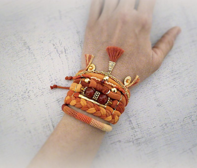 Multi Layer Fiery Orange Boho Bohemian Gypsy Tassel Bracelet Set - Bracelets - Cotton & Hemp Orange