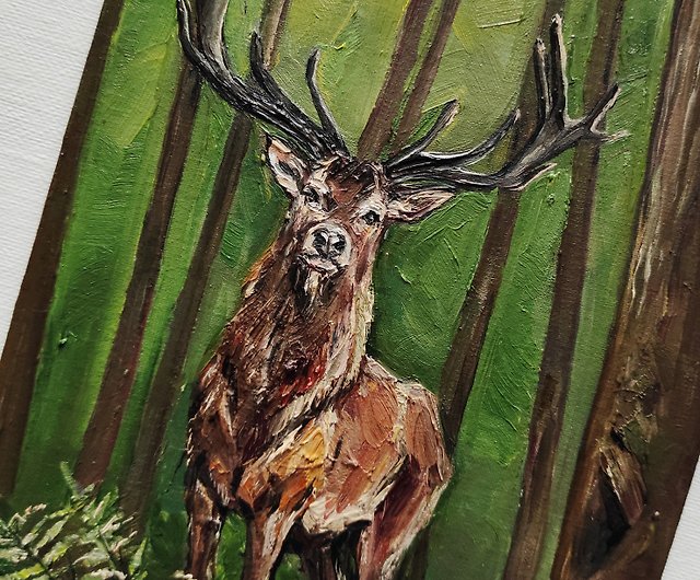 鹿の絵スタッグオリジナルアート野生動物のアートワーク油絵鹿の壁の
