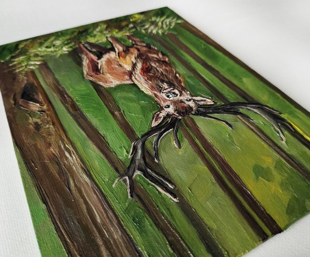 鹿の絵スタッグオリジナルアート野生動物のアートワーク油絵鹿の