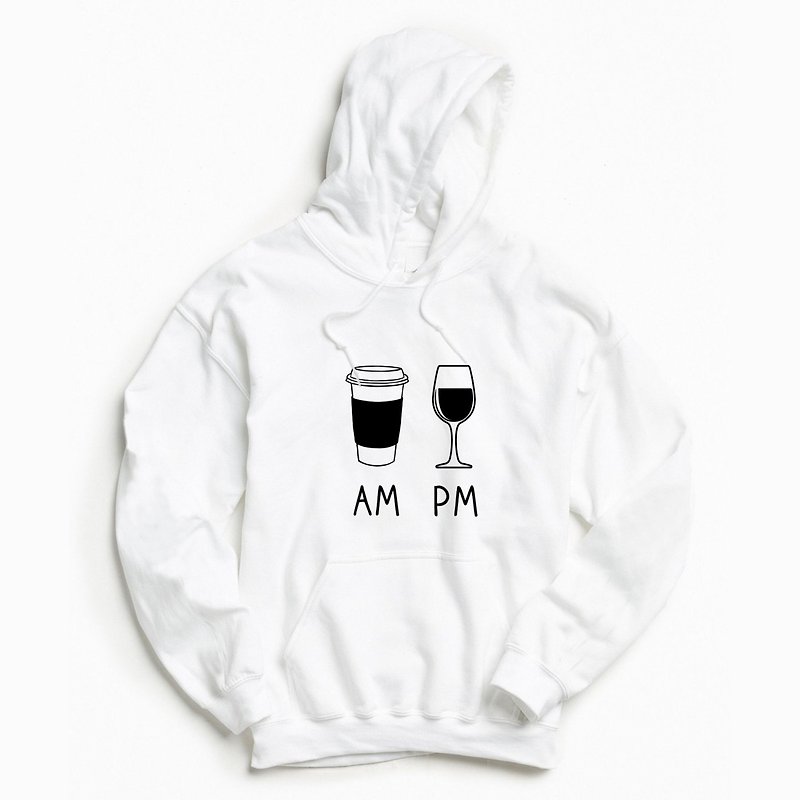COFFEE AM WINE PM white hoodie sweatshirt - Men's T-Shirts & Tops - Cotton & Hemp White