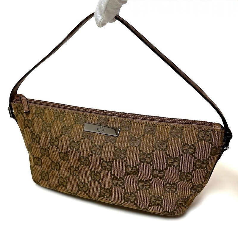 本物 GUCCI グッチ アクセサリーポーチ ハンドバッグ GGキャンバス レザー ブラウン系 07198 美品 中古 - 化妝包/收納袋 - 其他材質 咖啡色