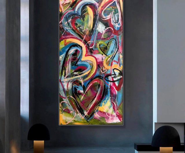 ポップアート、ピンクアート、ハート、絵画、原画、インテリア、現代アート 原画 現代アート ハート マルチカラー モダン グリーン 癒し