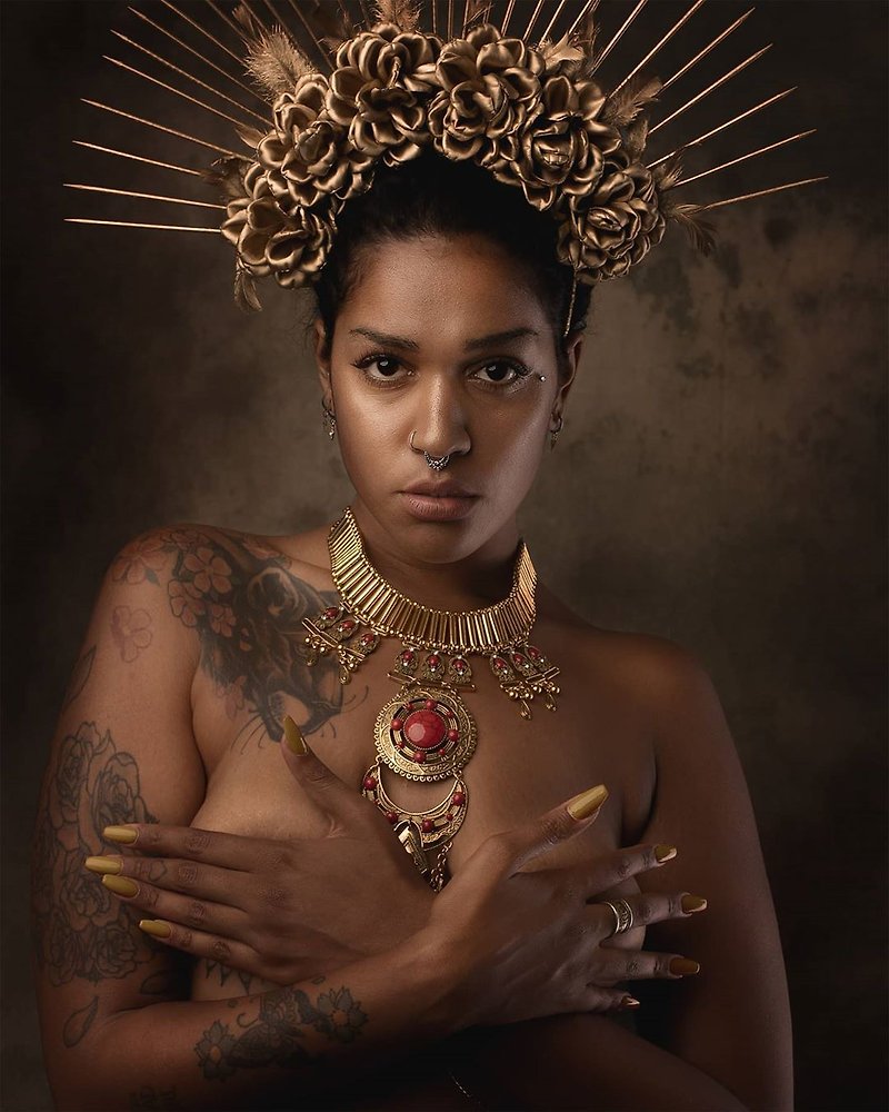 Other Materials Hair Accessories Gold - Gold halo crown Flower adult woman headdress Dark goddess headpiece bridal tiara