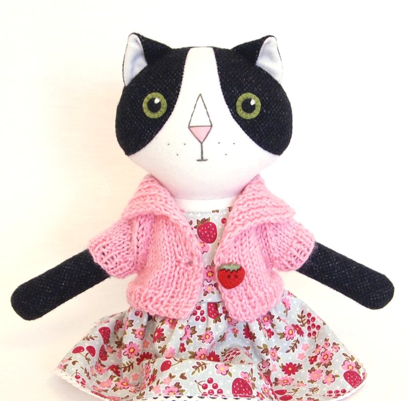 Black and white cat girl, handmade plush kitten toy, stuffed wool doll - 公仔/玩偶 - 羊毛 多色