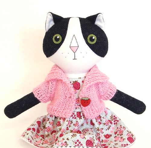 TweedyLand Black and white cat girl, handmade plush kitten toy, stuffed wool doll