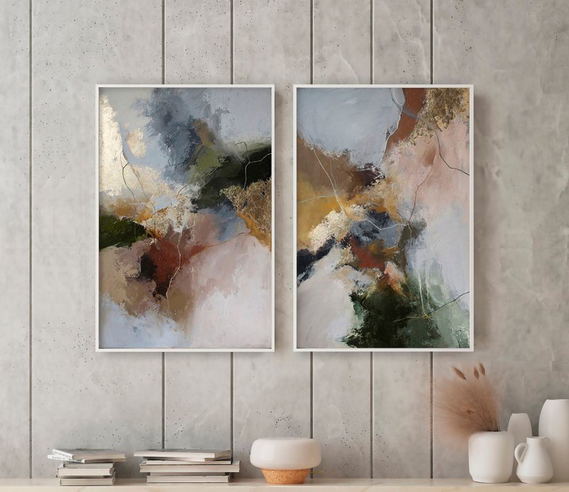 Dark Green Abstract | Dark Green Painting Set of 2 Paintings | Green Rime Set - 壁貼/牆壁裝飾 - 棉．麻 綠色