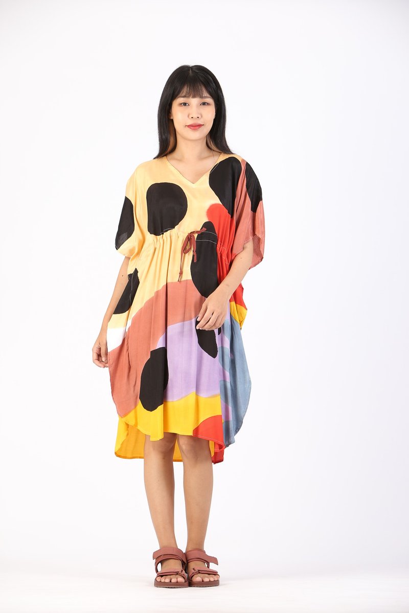 Kaftan Waist Jump Cotton Rayon Hand paint For Summer Beach - 洋裝/連身裙 - 棉．麻 黃色