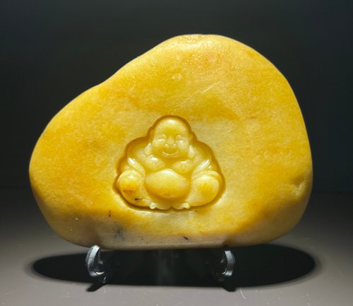 山奇藝術 天然金絲玉 彌勒佛 老皮色 雞油黃 雅石 奇石 擺件 雕件 #山奇藝