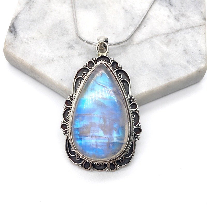 Moonstone Quartz Heavyweight Sterling Silver Necklace in Nepal Handmade inlay - Necklaces - Gemstone Blue