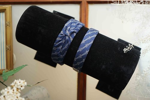 Papas Bow Tie 古董領帶改製手工髮箍-Hermès-經典馬鞍扣深藍-蝴蝶結/窄版