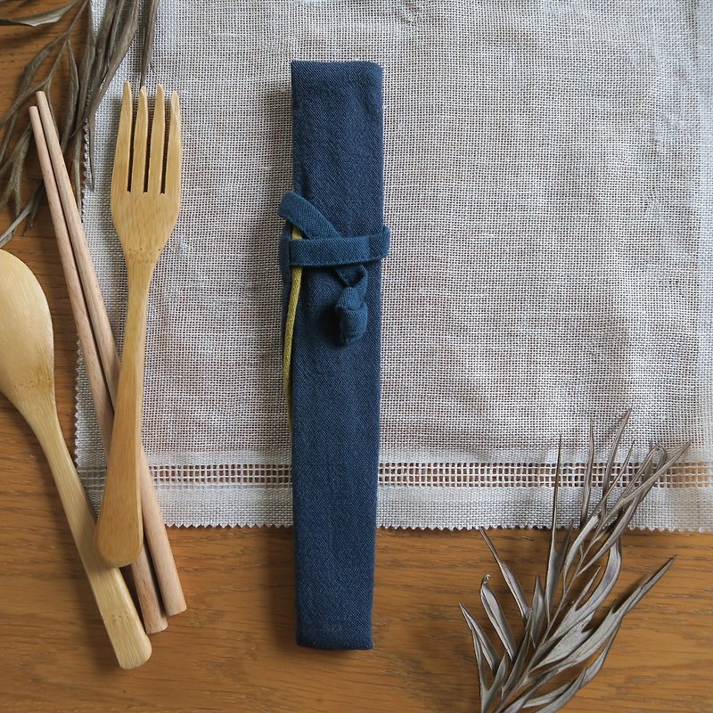 棉麻餐具收納袋-餐具行囊 | 窄版 | 青色x芥末黃 - 筷子/筷子架 - 棉．麻 藍色