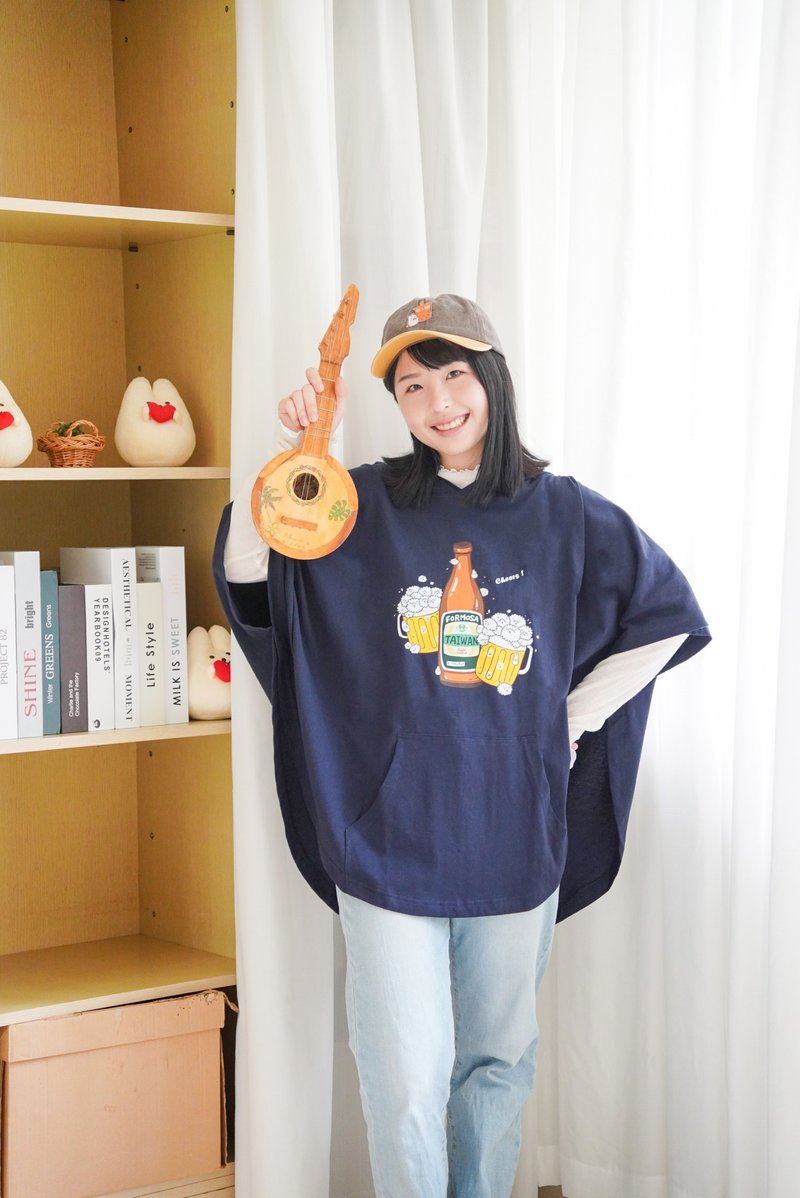 Mochi Rabbit Taiwan Beer-Thin Cape Hoody (Navy Blue) - Women's Casual & Functional Jackets - Cotton & Hemp Blue