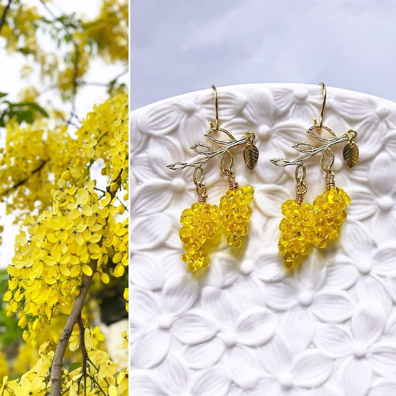 【Ruosang】Golden Rain. Warm summer sun. Aleb/Aleb. Japanese beads/earrings - ต่างหู - กระจกลาย สีเหลือง