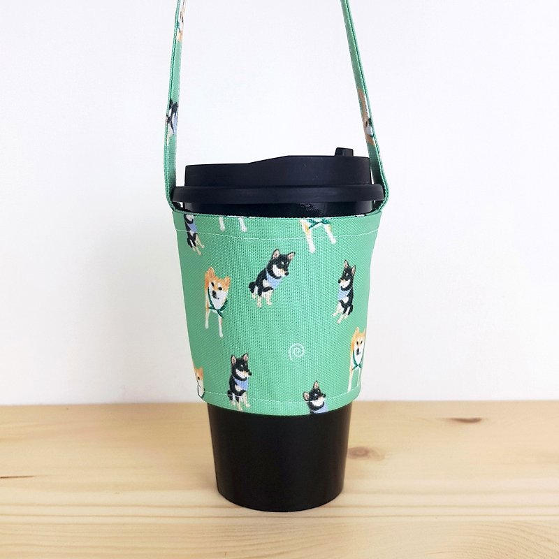 日式雙柴環保杯套/飲料提袋/柴犬動物寵物造型 - 飲料提袋/杯袋/杯套 - 其他材質 綠色