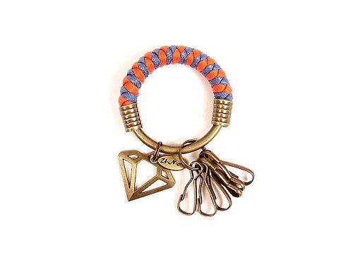 優娜手作–U.N.A handiwork 鑰匙圈(小)5.3CM 橘色+藍紫+簍空鑽石 手工 編織 腊繩 客製化