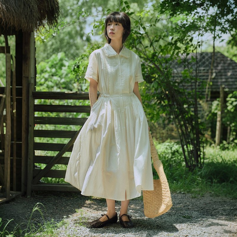 米色翻領系帶連衣裙|洋裝|夏款|Sora-1830 - 洋裝/連身裙 - 棉．麻 