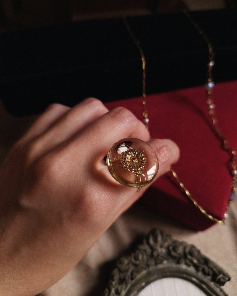 向日葵 - 台灣老鈕扣戒指 Vintage - 耳環/耳夾/耳骨夾 - 樹脂 透明