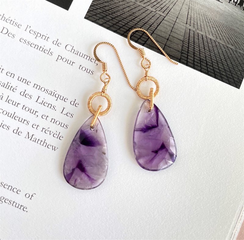 トラピッチェアメジスト エレスチャル ワイヤーラップピアス ペアシェイプ型 - 耳環/耳夾/耳骨夾 - 半寶石 紫色