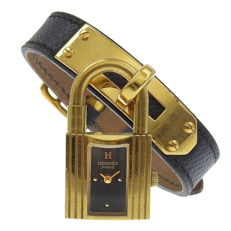 【日本直送】エルメス HERMES ケリーウォッチ 腕時計 金メッキ×レザー  クオーツ アナログ表示 ブラック文字盤 レディース【中古】 - 女錶 - 其他金屬 黑色