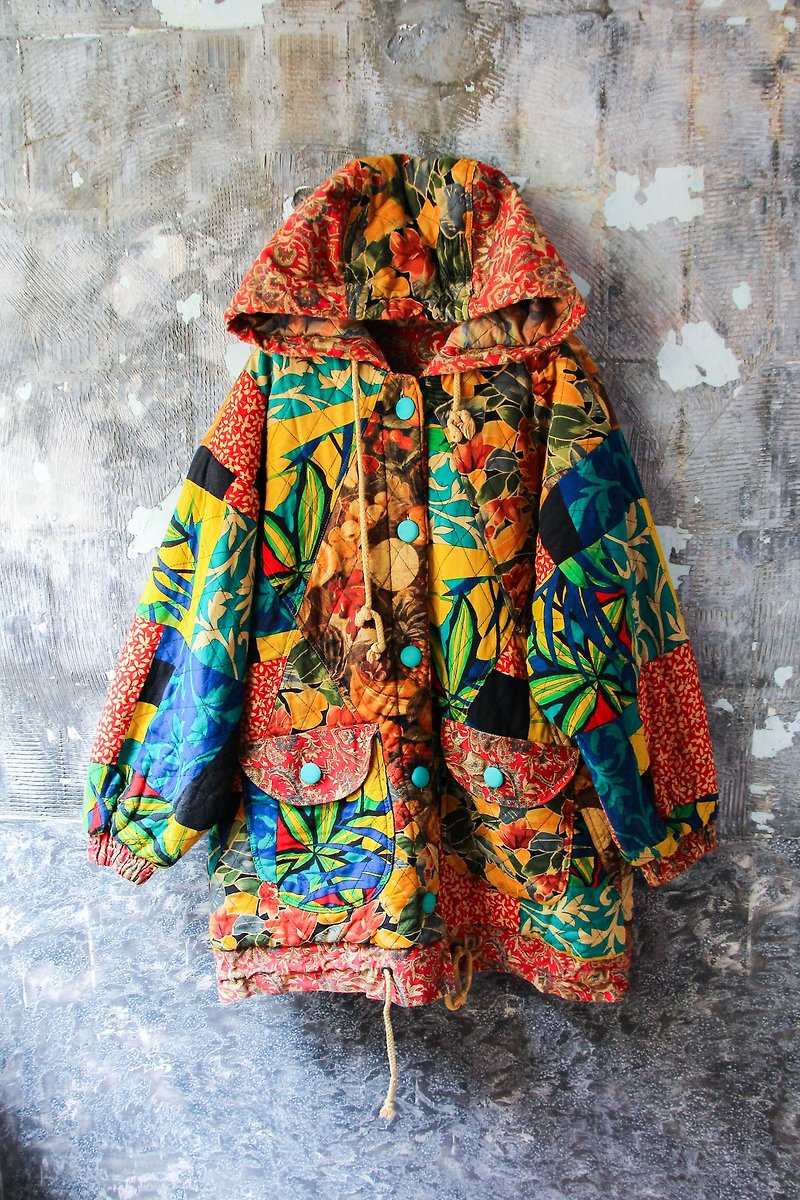 袅袅 department store-Vintage color cloth flower mosaic cotton thick coat retro - เสื้อแจ็คเก็ต - ผ้าฝ้าย/ผ้าลินิน 