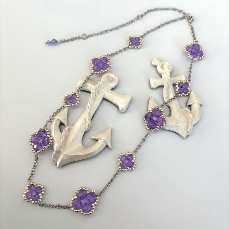 Clover Necklace Handmade Beaded Rhodium Plated Chain Purple Floral Elegant Gift - 項鍊 - 玻璃 紫色