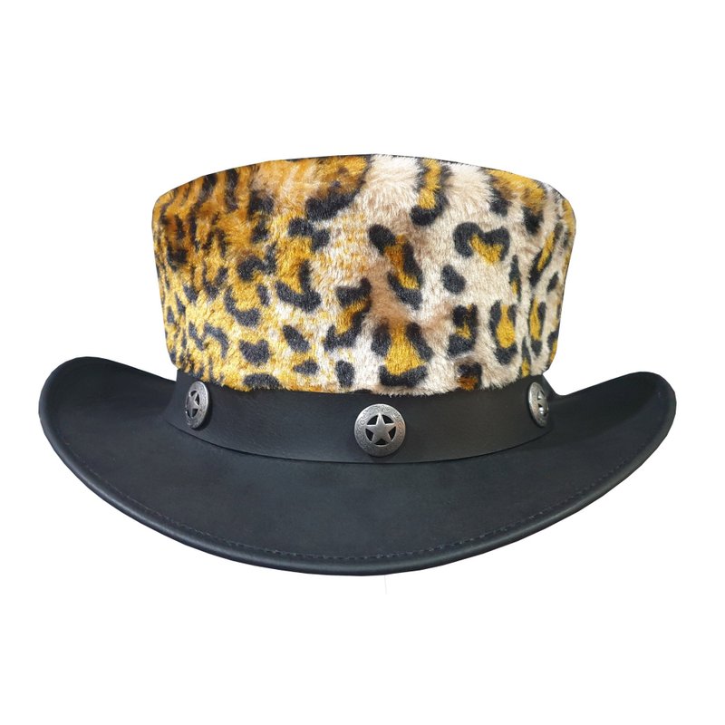 Steampunk Leopard Fur Vintage Style Short Top Leather Hat - 帽子 - 真皮 黑色