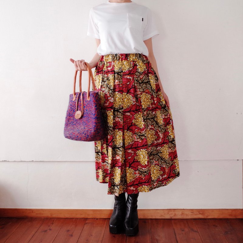 African print tuck skirt botanique en rose jaune (medium length 78cm) - Skirts - Cotton & Hemp Blue