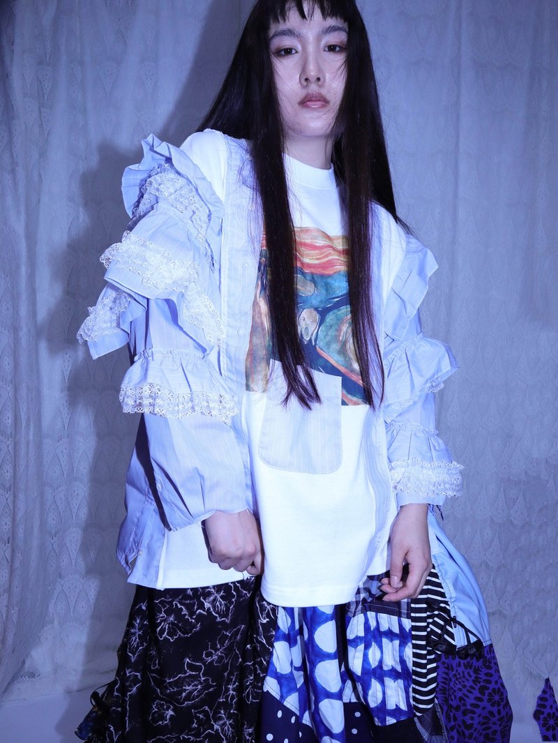 蕾絲印花改造TEE shirt9031MEIKEIIN原創設計手作 - 女上衣/長袖上衣 - 其他材質 白色