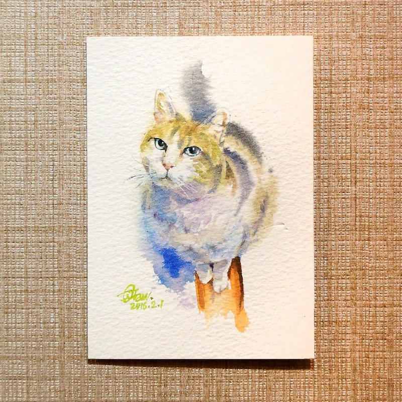 オリジナル水彩画[猫]狭い道路の出会い - ポスター・絵 - 紙 カーキ