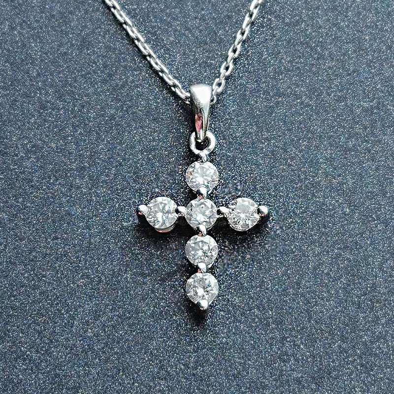 Love Legend | 18K White Gold Natural Diamond Cross Pendant - สร้อยคอ - เครื่องประดับ 